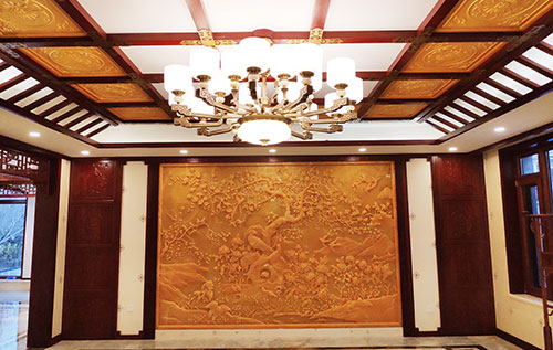 黄竹镇中式别墅客厅中式木作横梁吊顶装饰展示
