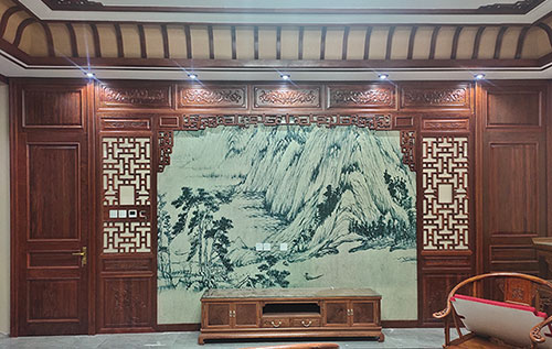 黄竹镇中式仿古别墅客厅背景墙花格木作装饰